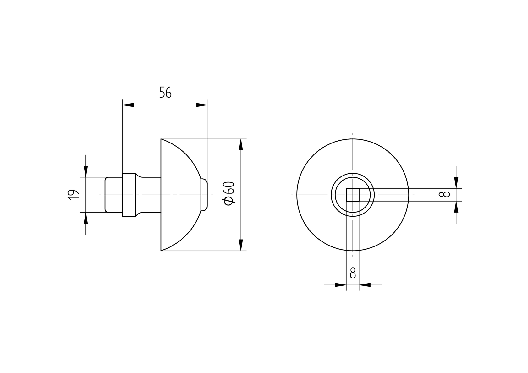 Doorknob d60mm, D19mm, Fe