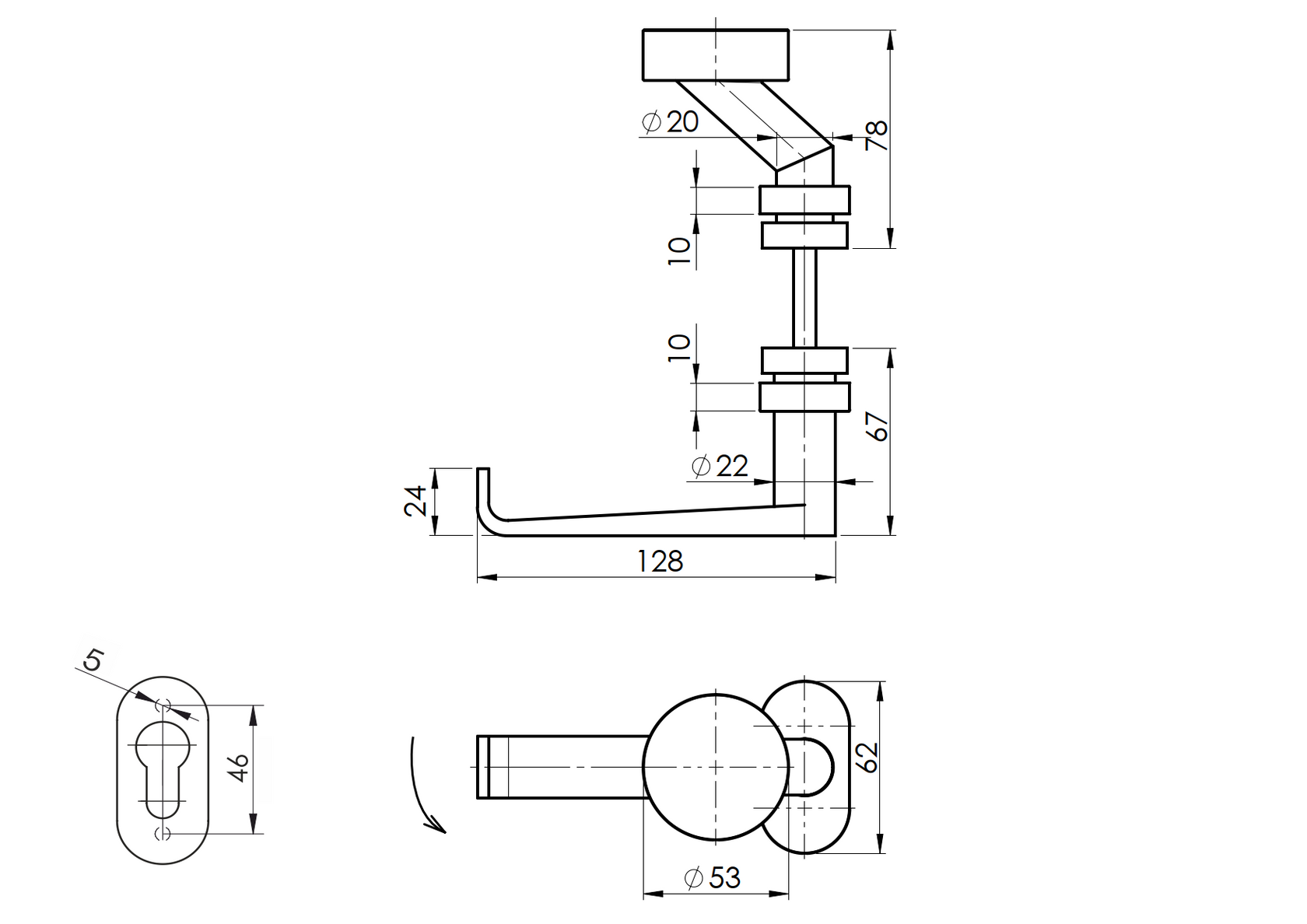 Door handle with plate, pair AISI 304, K320, L135m