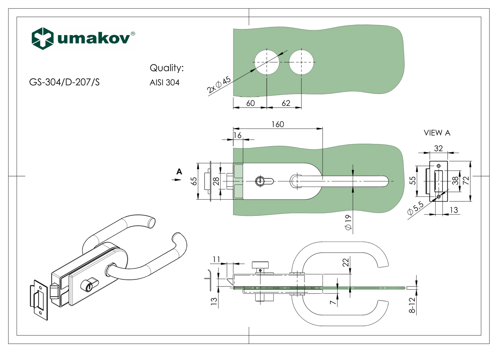 Glass door handle with lock PZ type