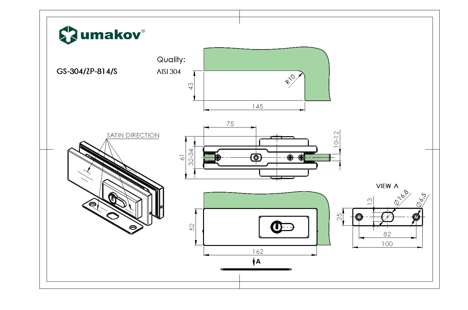Bottom glass door lock PZ type, AISI304