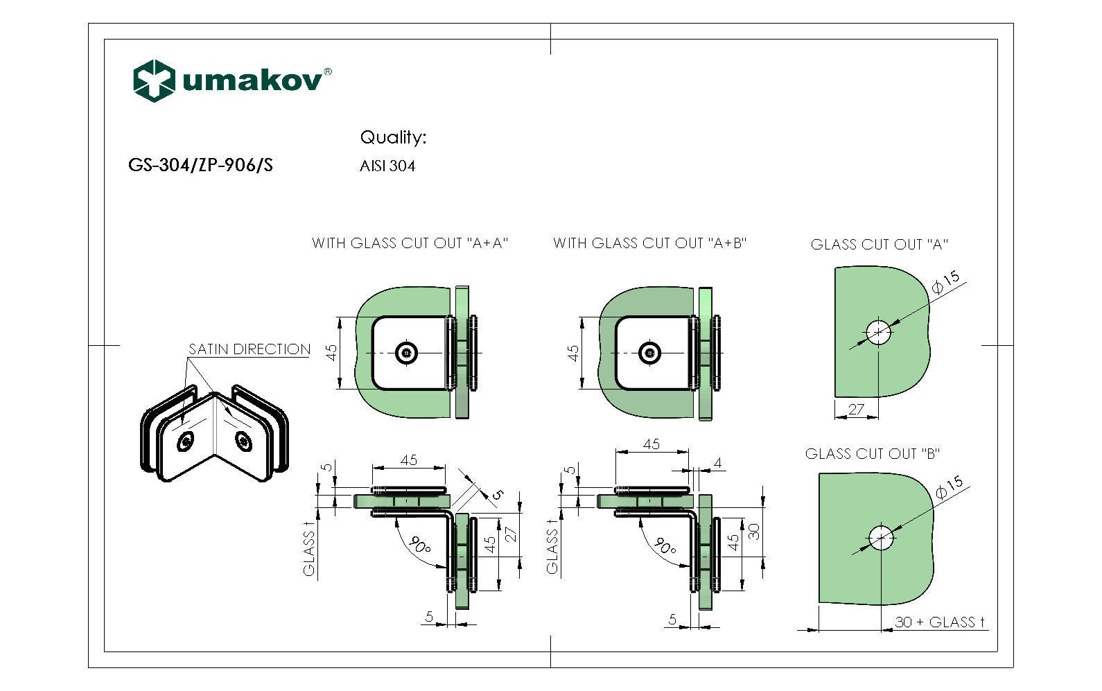 Glass clamp, AISI 304, T 8-10 mm