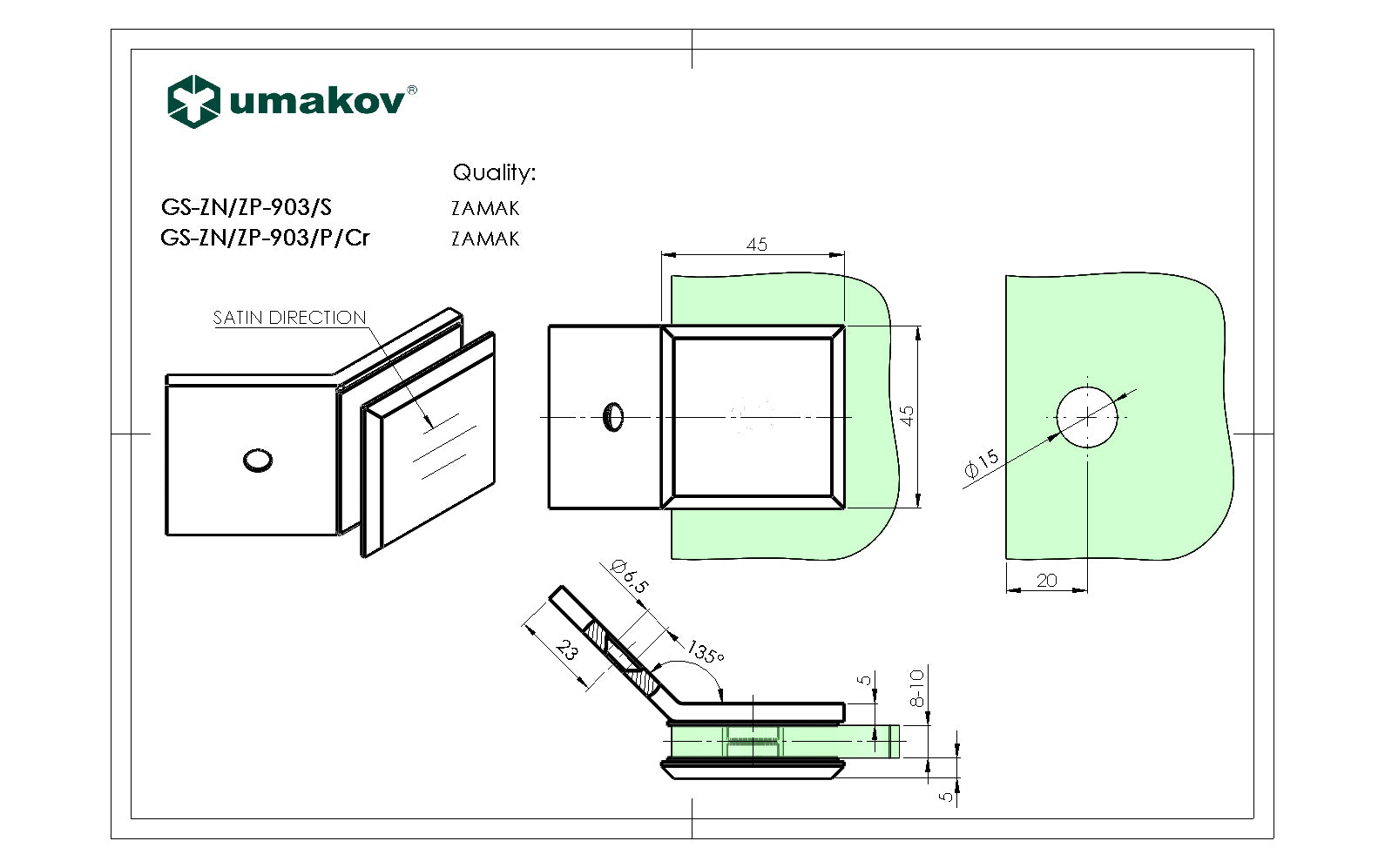 Glass clamp, Zamak, 135°, T 8-10 mm