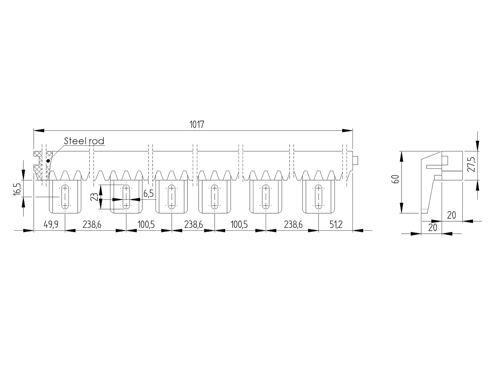 Toothed steel rack PVC+Fe,27x20mm,L1m,max 700kg