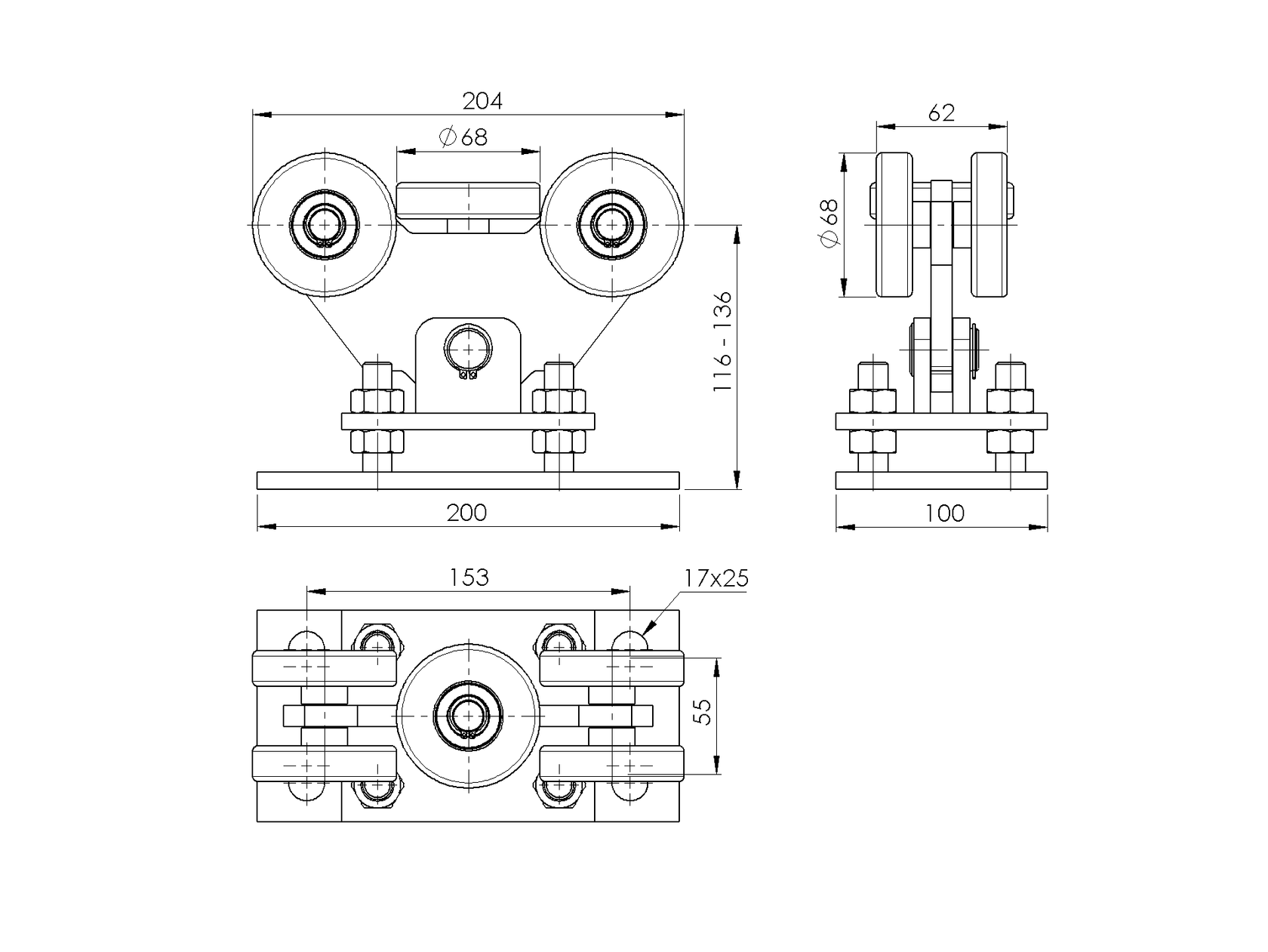 Carriage wheels Zn+Nylon, profile 80x80mm