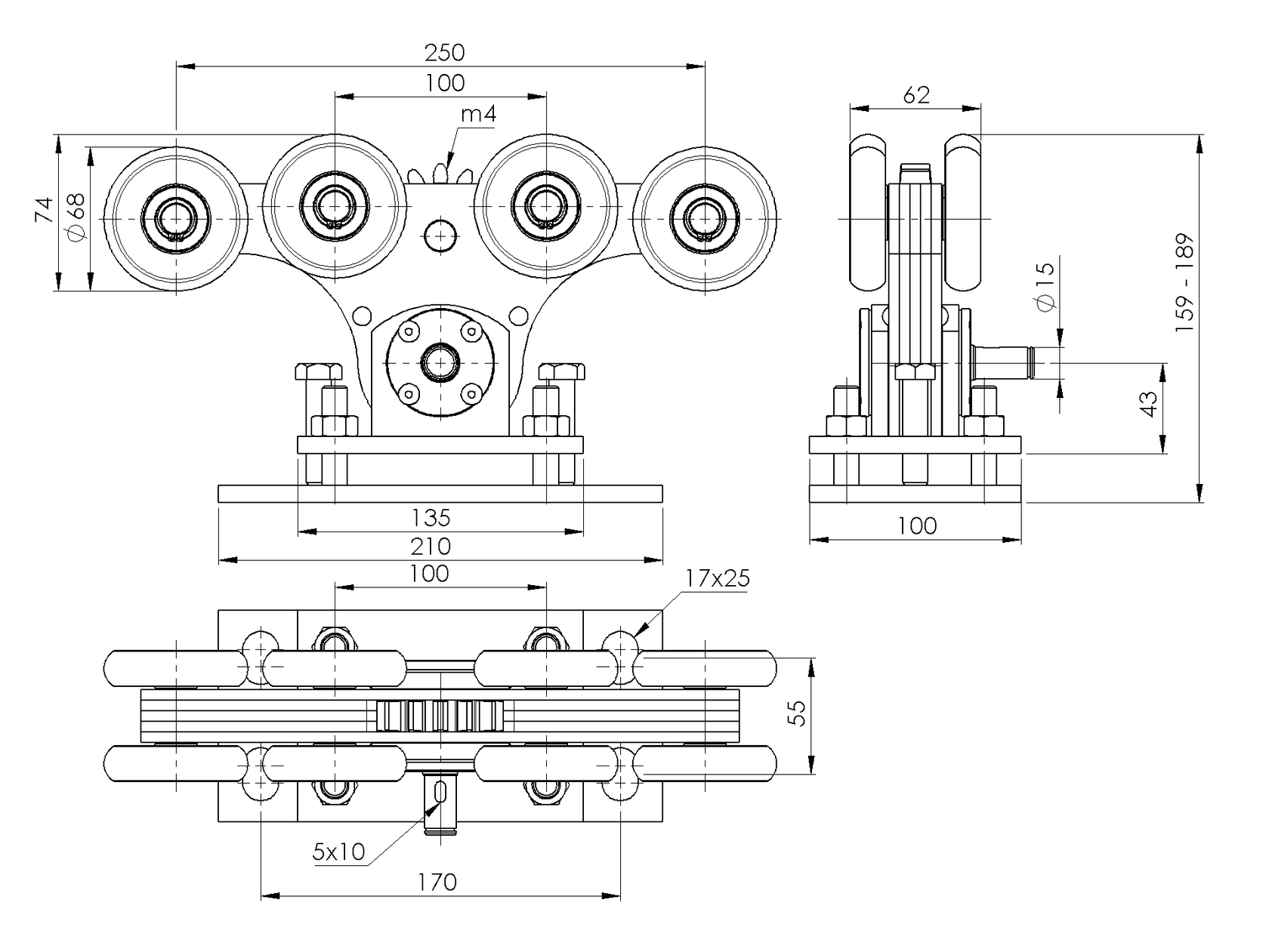 Cantilever gate carriage Zn+NYLON, profile 90x99mm