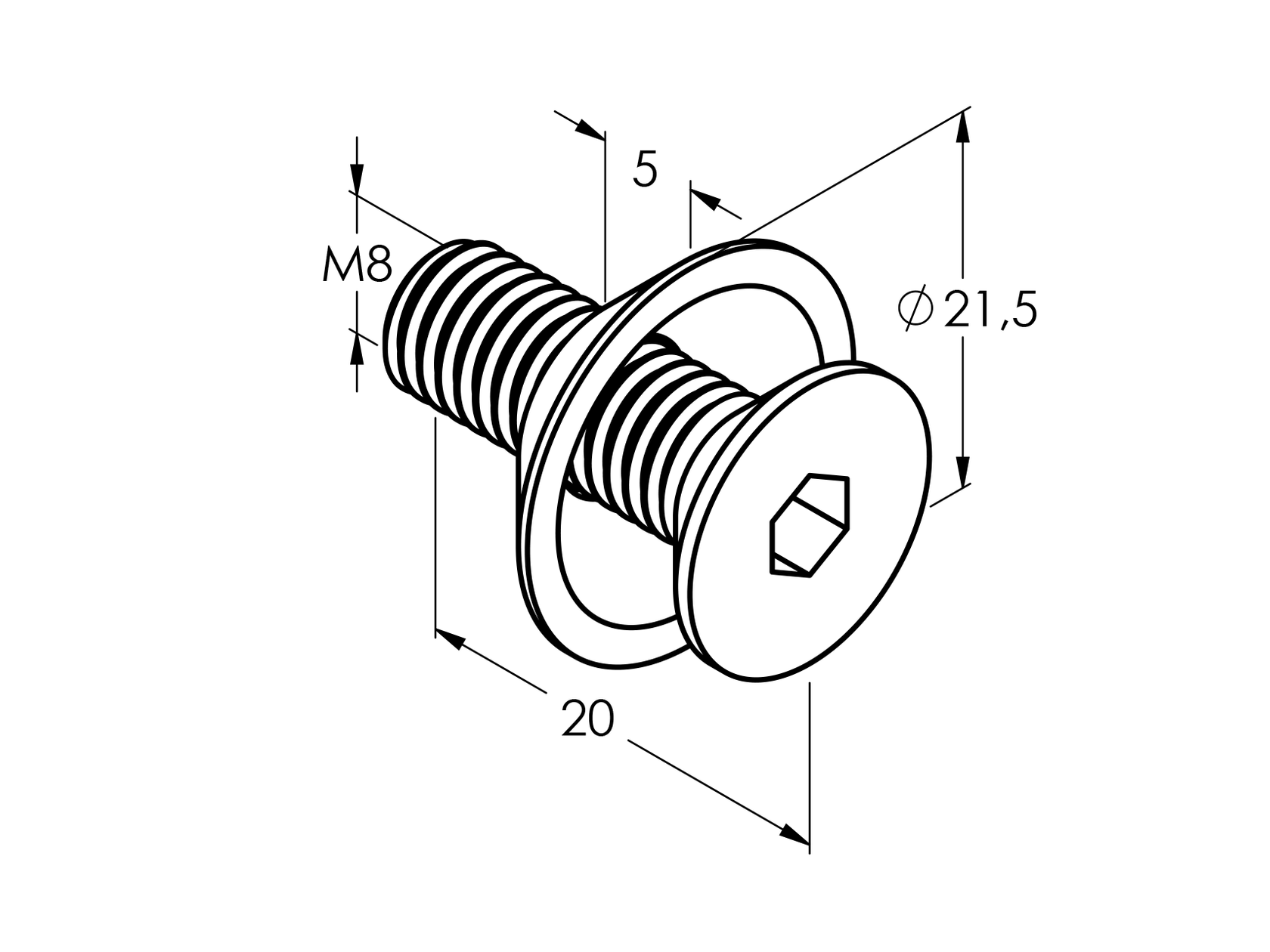 Taper screw with taper washer, M8, AISI316,SW=T40