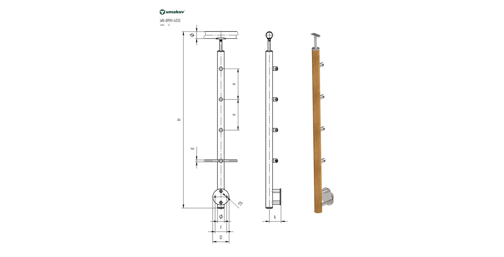 Beech pole BUK (BEECH) D50mm, 4xd12mm, H900