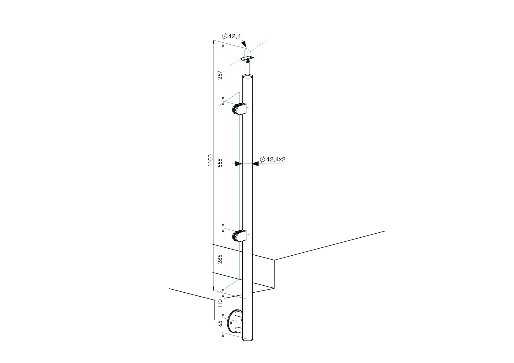 Stainless steel pole for stairs, left AISI304, D42