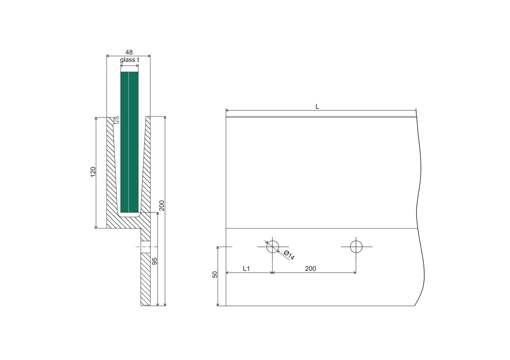 Aluminium profile for glass railing -side mounting