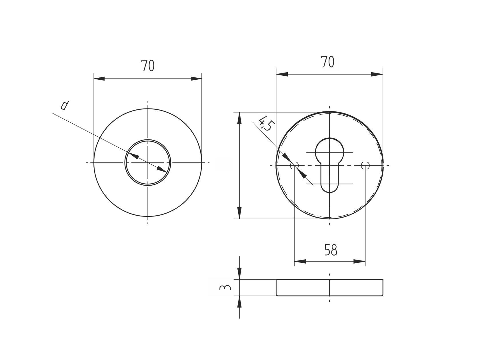 Lock plate - door handle D70, t3, d18mm
