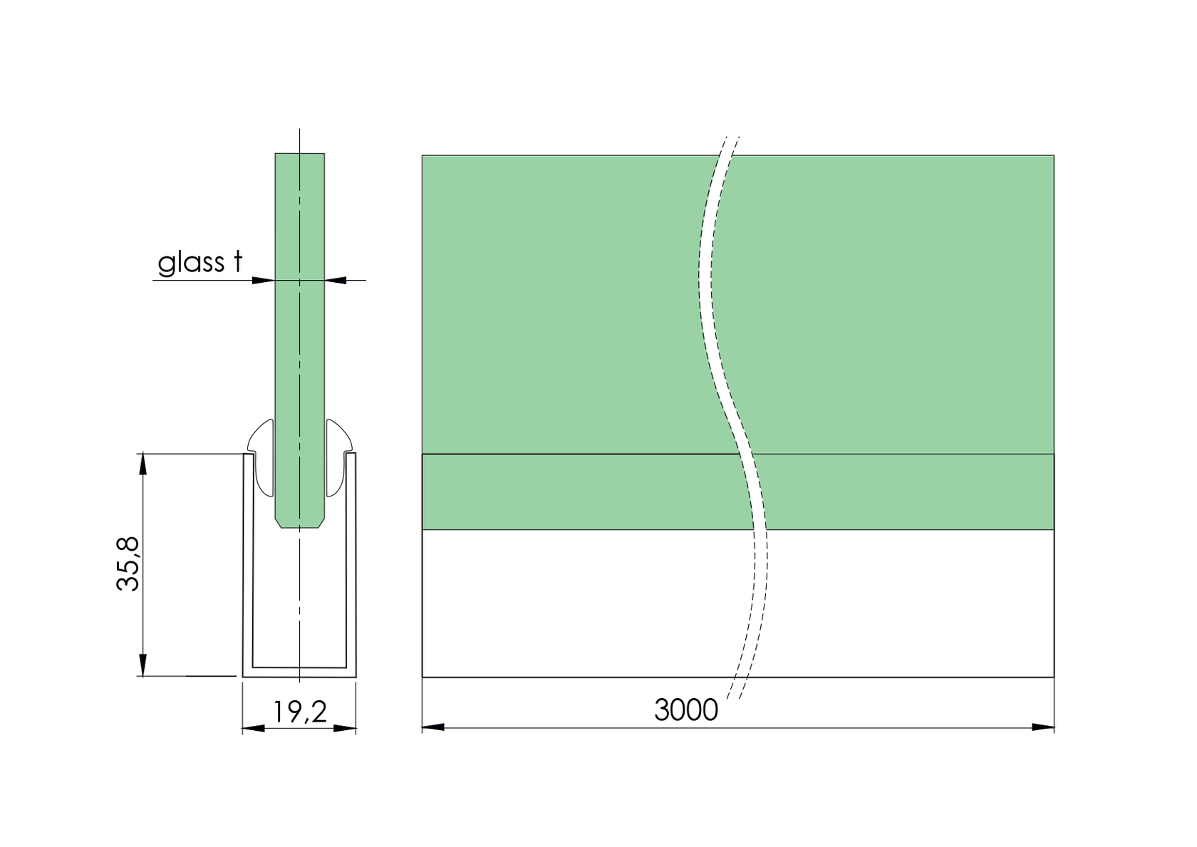 Aluminium U profile AL 36x19x1.5mm black